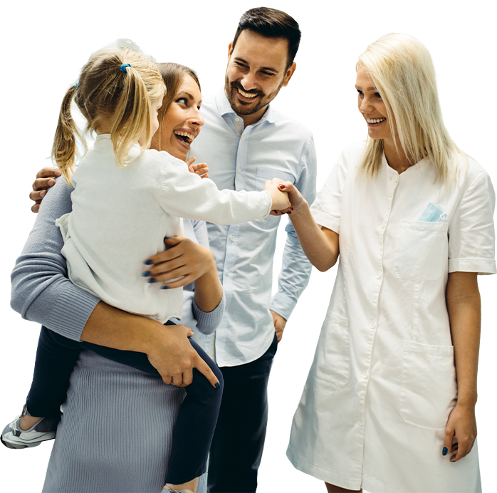 A family of three with a health practitioner, happily having a conversation